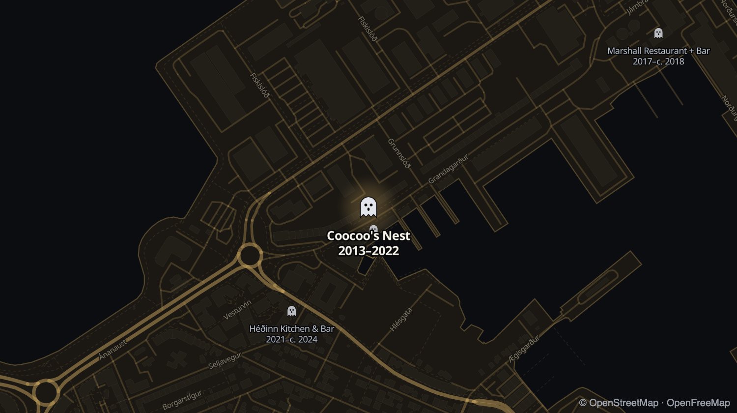 Kort af Coocoo's Nest og öðrum stöðum sem voru opnir á sama tíma