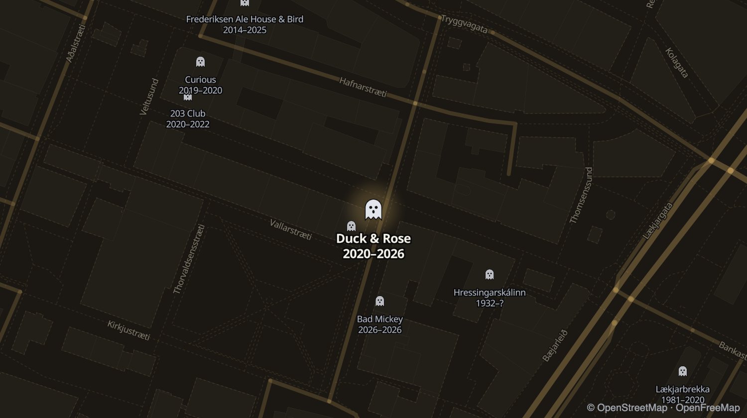 Kort af Duck & Rose og öðrum stöðum sem voru opnir á sama tíma