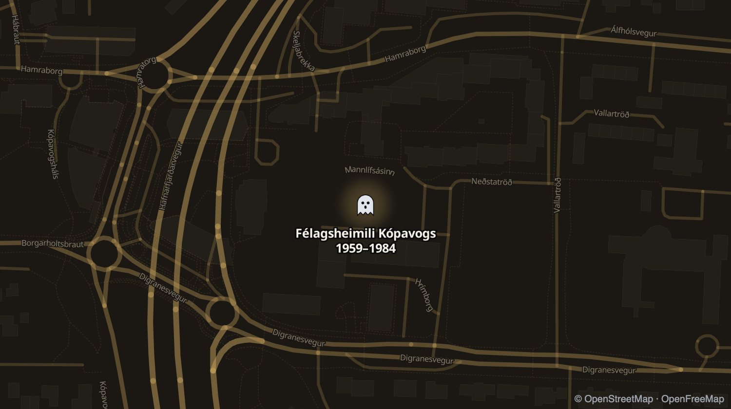 Kort af Félagsheimili Kópavogs og öðrum stöðum sem voru opnir á sama tíma