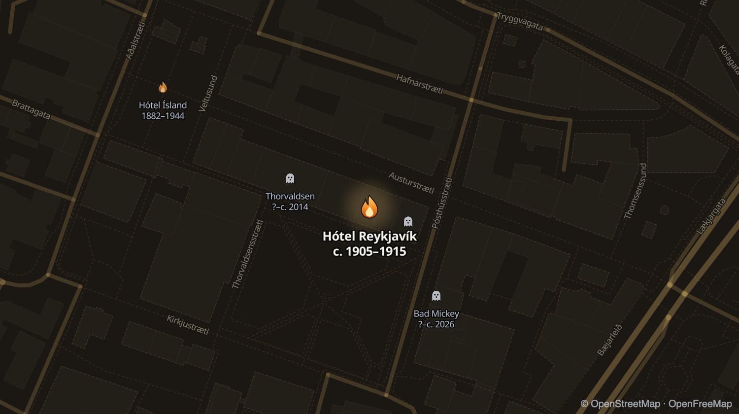 Kort af Hótel Reykjavík og öðrum stöðum sem voru opnir á sama tíma