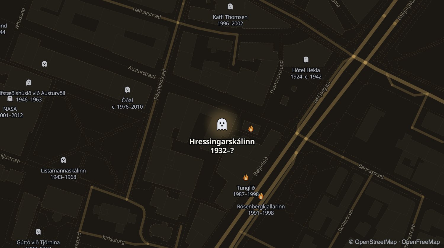 Kort af Hressingarskálinn (Hressó) og öðrum stöðum sem voru opnir á sama tíma