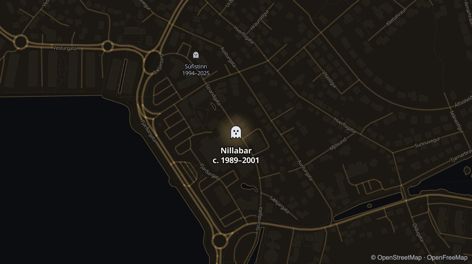 Kort af Nillabar (old Hafnarfjarðarbíó) og öðrum stöðum sem voru opnir á sama tíma