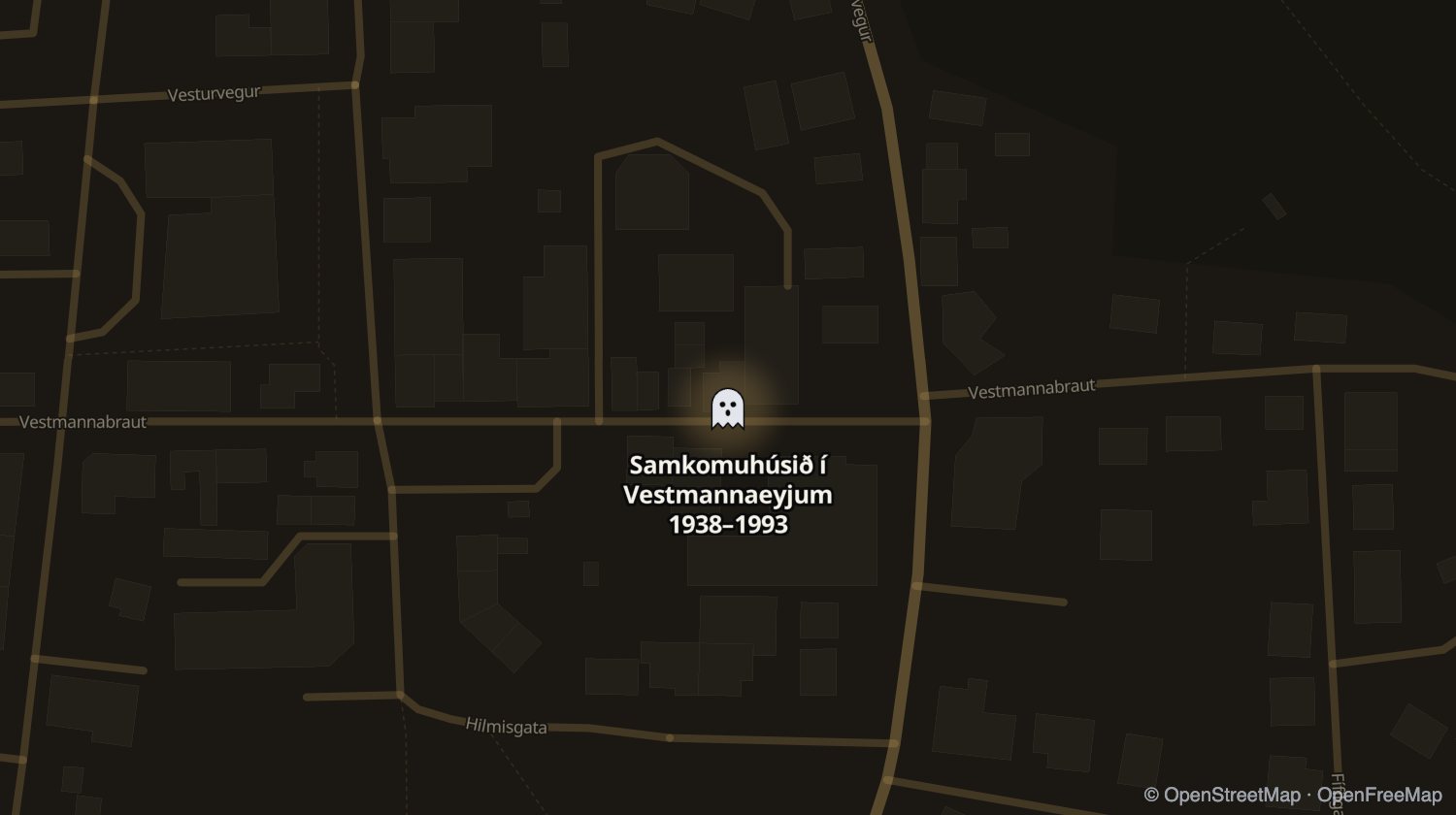 Kort af Samkomuhúsið í Vestmannaeyjum og öðrum stöðum sem voru opnir á sama tíma