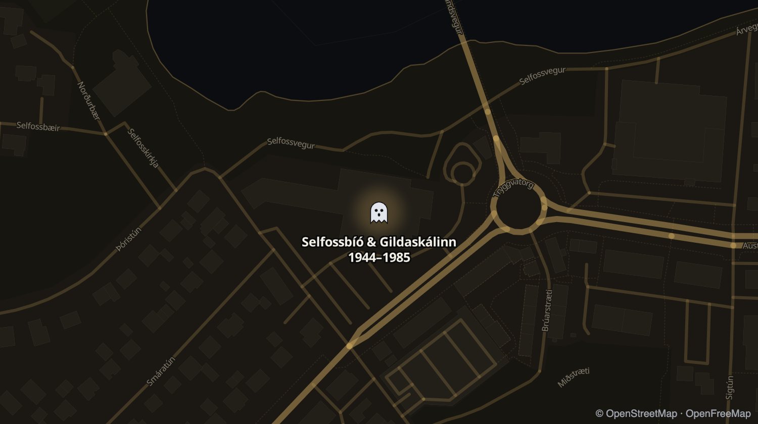 Kort af Selfossbíó & Gildaskálinn og öðrum stöðum sem voru opnir á sama tíma