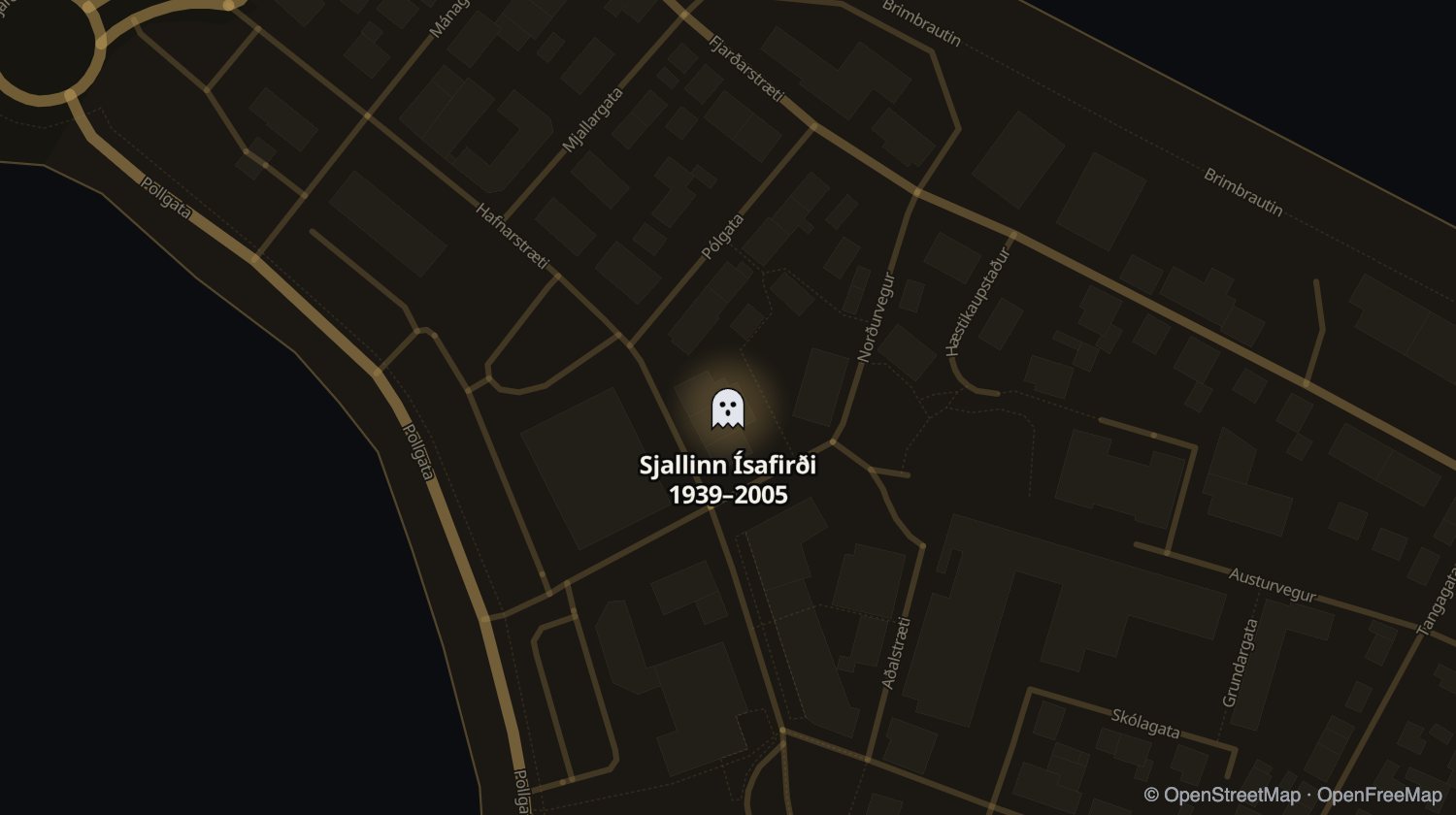 Kort af Sjallinn Ísafirði (Uppsalir) og öðrum stöðum sem voru opnir á sama tíma